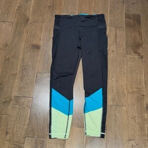 Lululemon Black Colorblock Leggings with Blue and Lime Panels